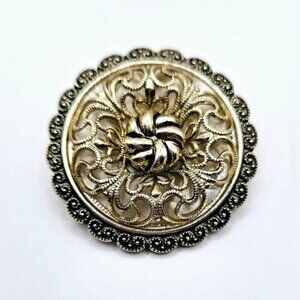 Vintage West Germany Scarf Ring Hinge Clip Gold Tone Ornate 3D Design Round